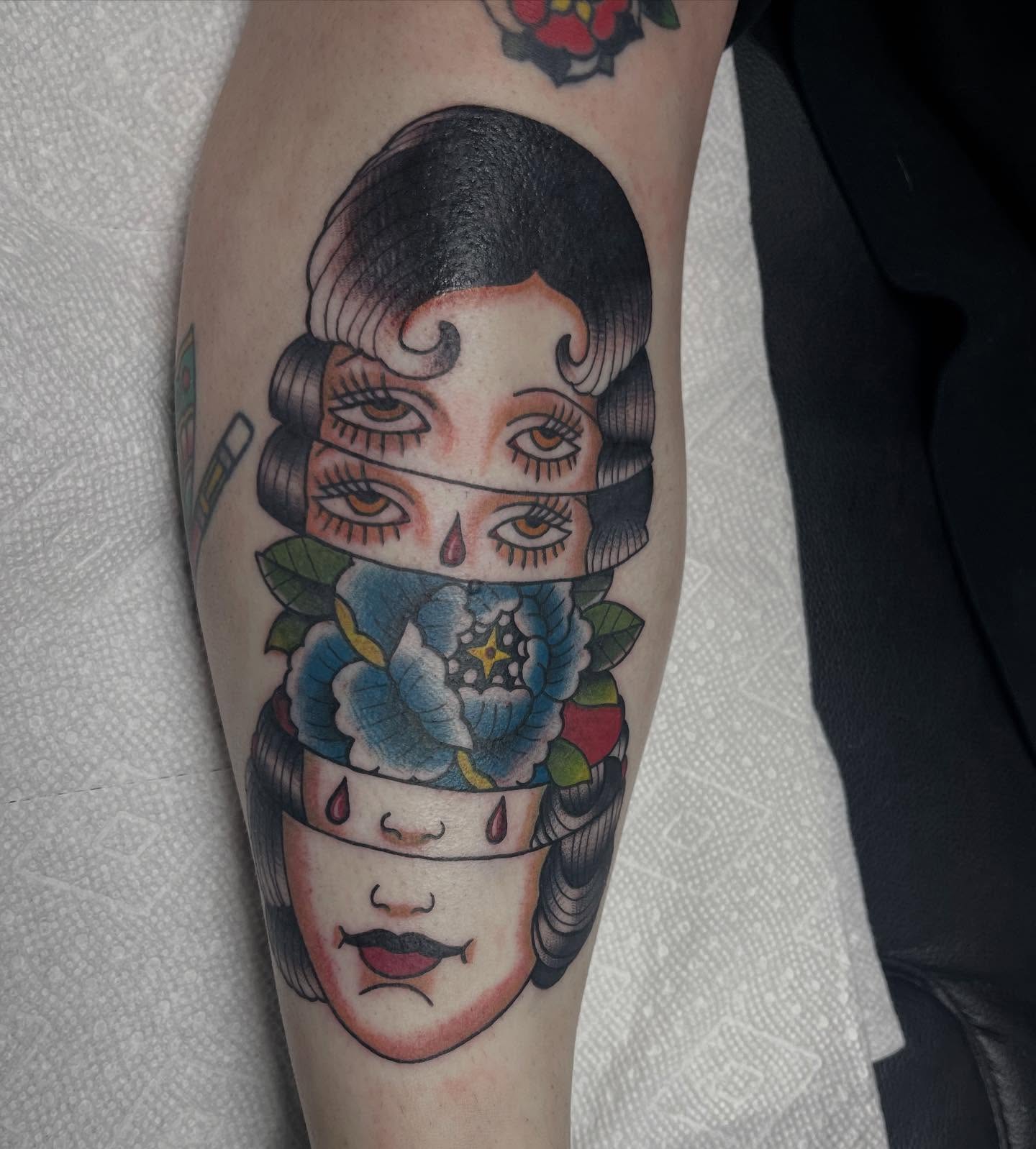 Geisha American traditional tattoo on the forearm by Tina Gregg, North Ridgeville, Ohio