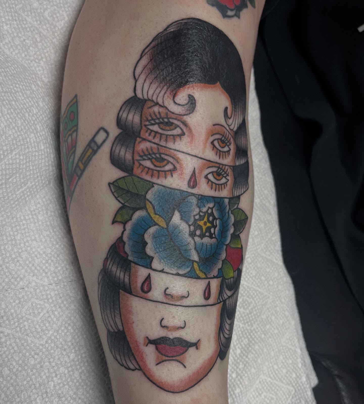 Geisha American traditional tattoo on the forearm by Tina Gregg, North Ridgeville, Ohio