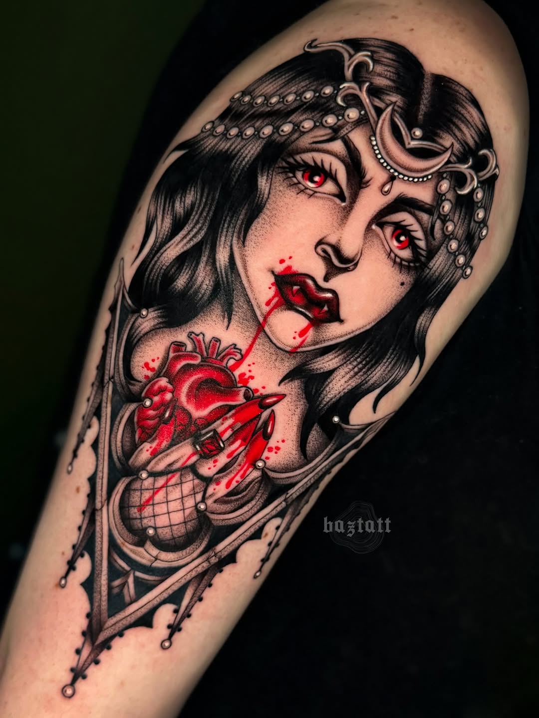Vampire woman with bleeding heart neo-traditional tattoo on the shoulder by bri allura ✿ tattoo artist  ✿ cleveland, oh