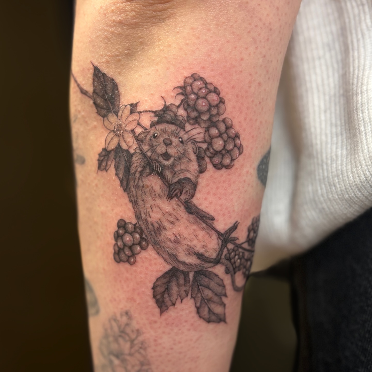 Beaver with grapes realism tattoo on the forearm by Jessica McKinley Tattoo Artist