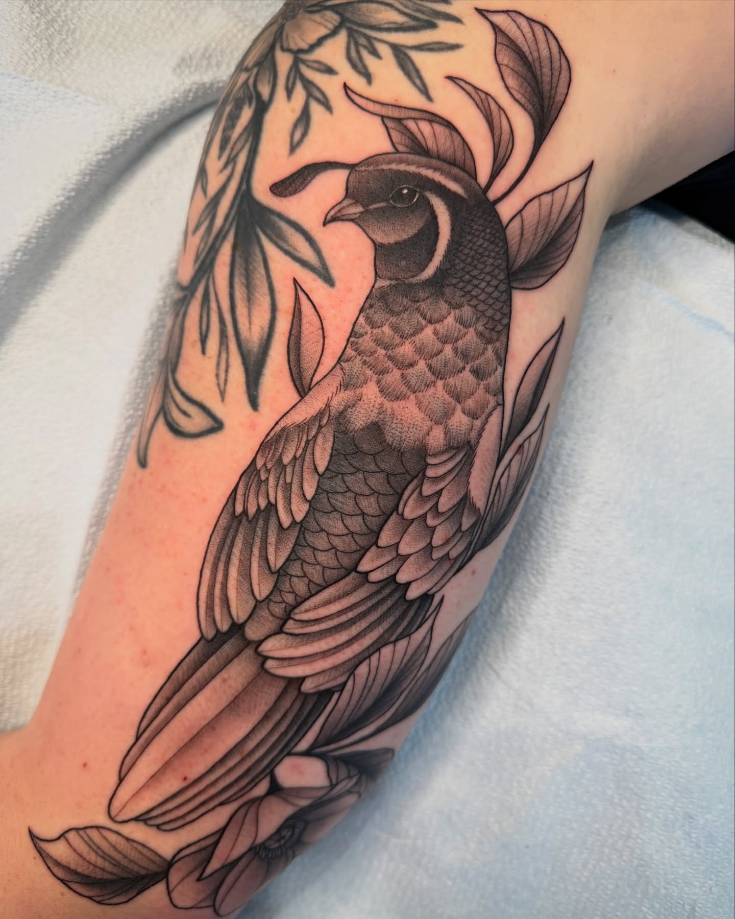 Bird black and grey tattoo on the forearm by Mia Manzanedo