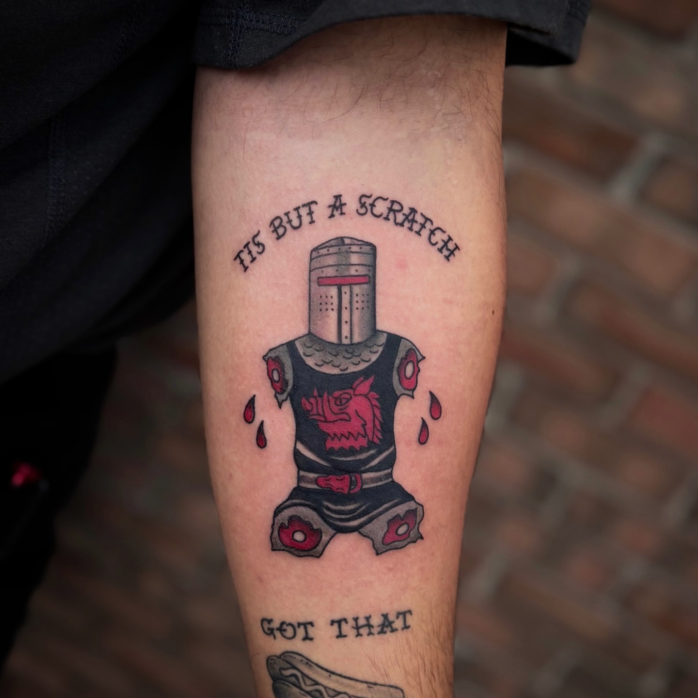 Knight armor American traditional tattoo on the forearm by Lauren Dempsey, Dearborn, Michigan