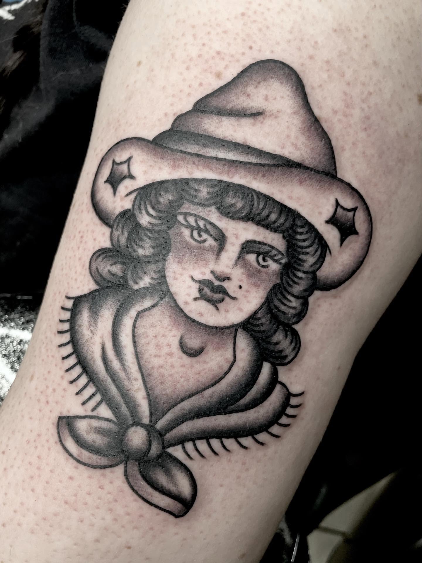 Witch American traditional tattoo on the forearm by Kat, Sacramento, California
