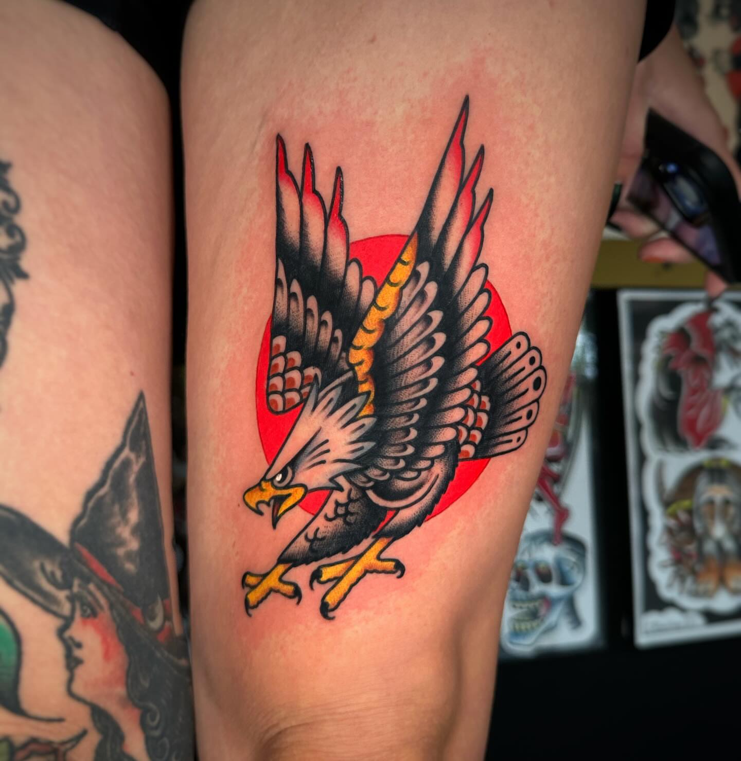 Eagle American traditional tattoo on the thigh by Alex Finnerty, Reading, Massachusetts