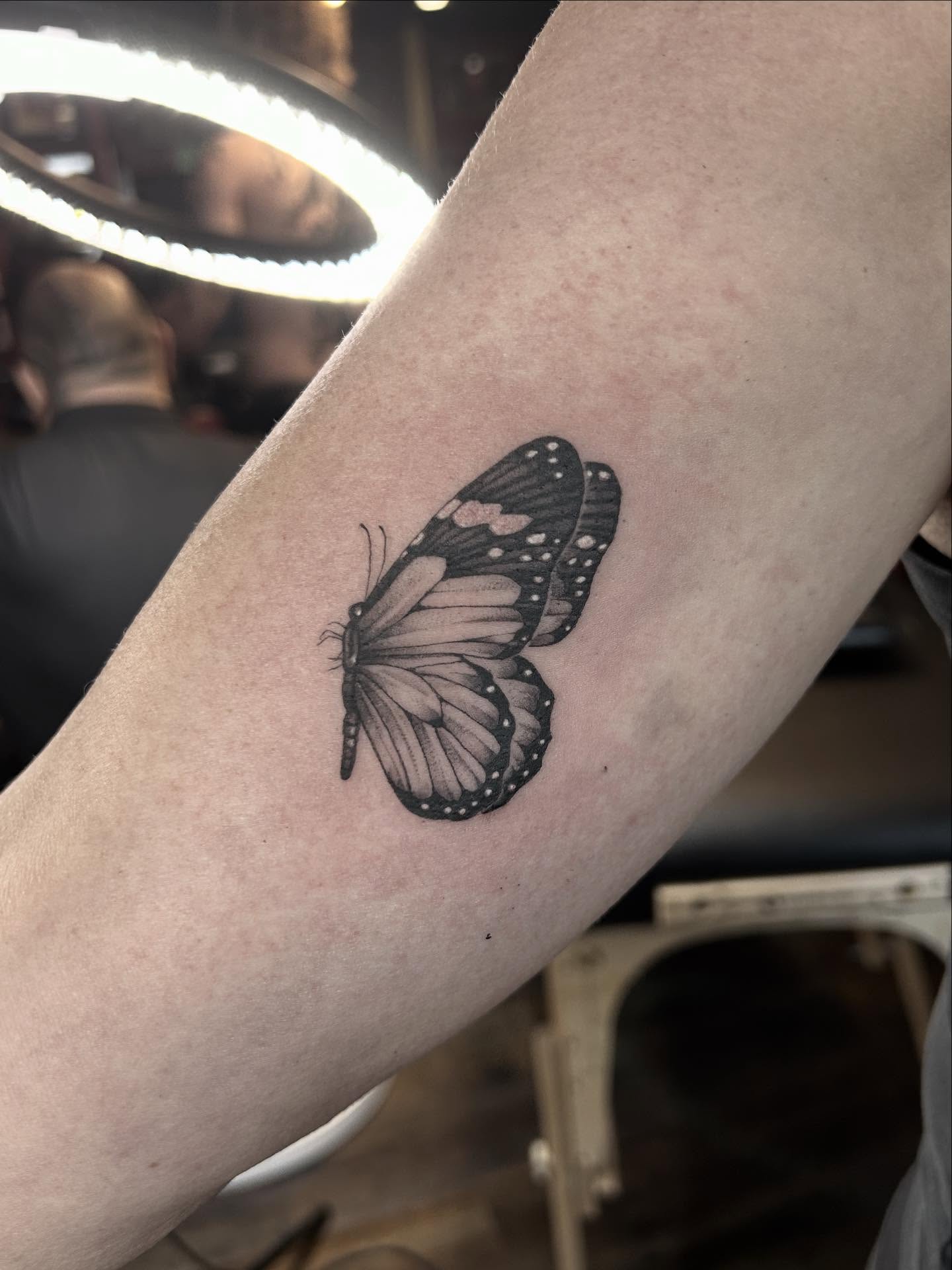 Butterfly dotwork tattoo on the forearm by Tako, Seattle, Washington