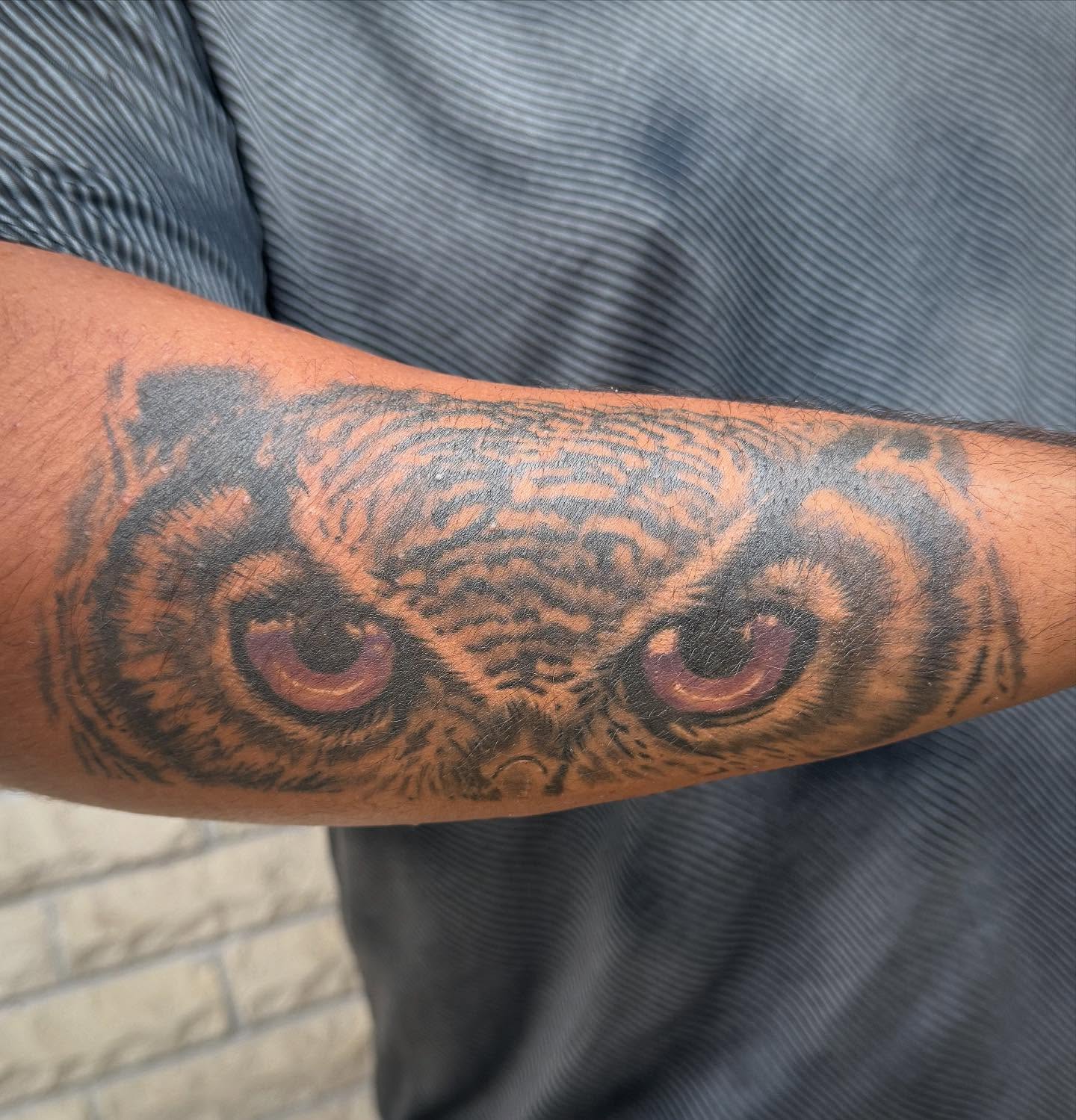 Owl realism tattoo on the forearm by Abby Hofman