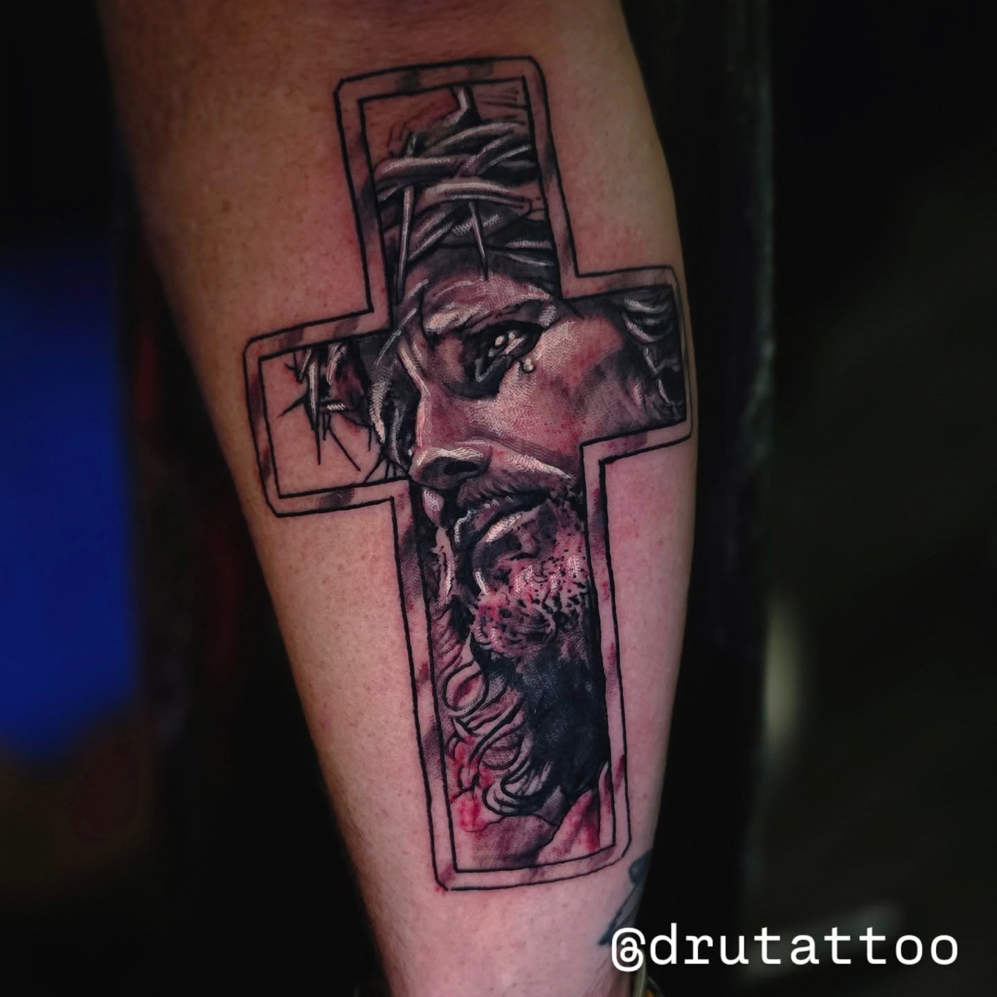 Jesus Christ realism tattoo on the forearm by Drew Siciliano, Glendale, Arizona