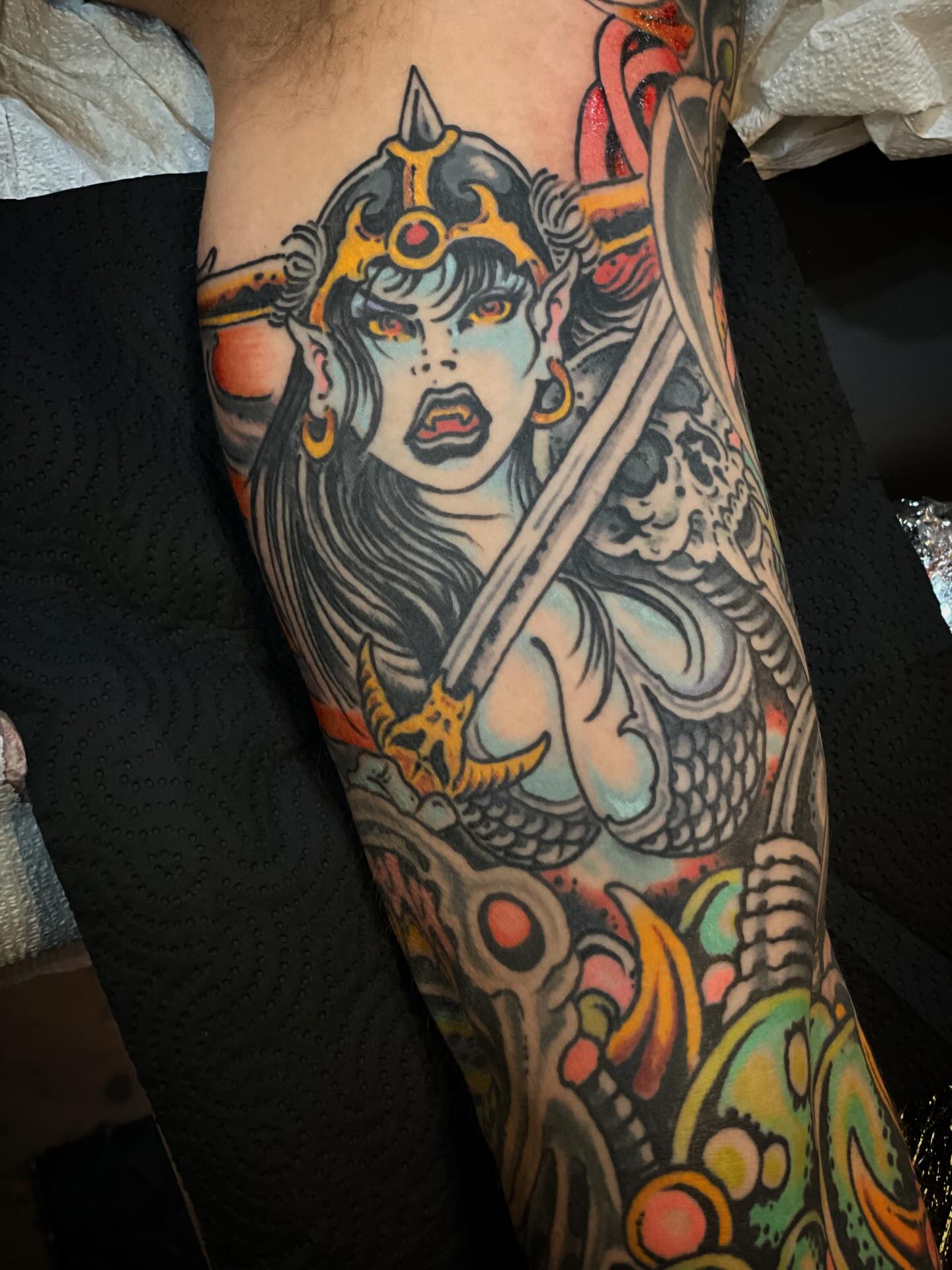 Woman warrior American traditional tattoo on the forearm by Zac Blevins