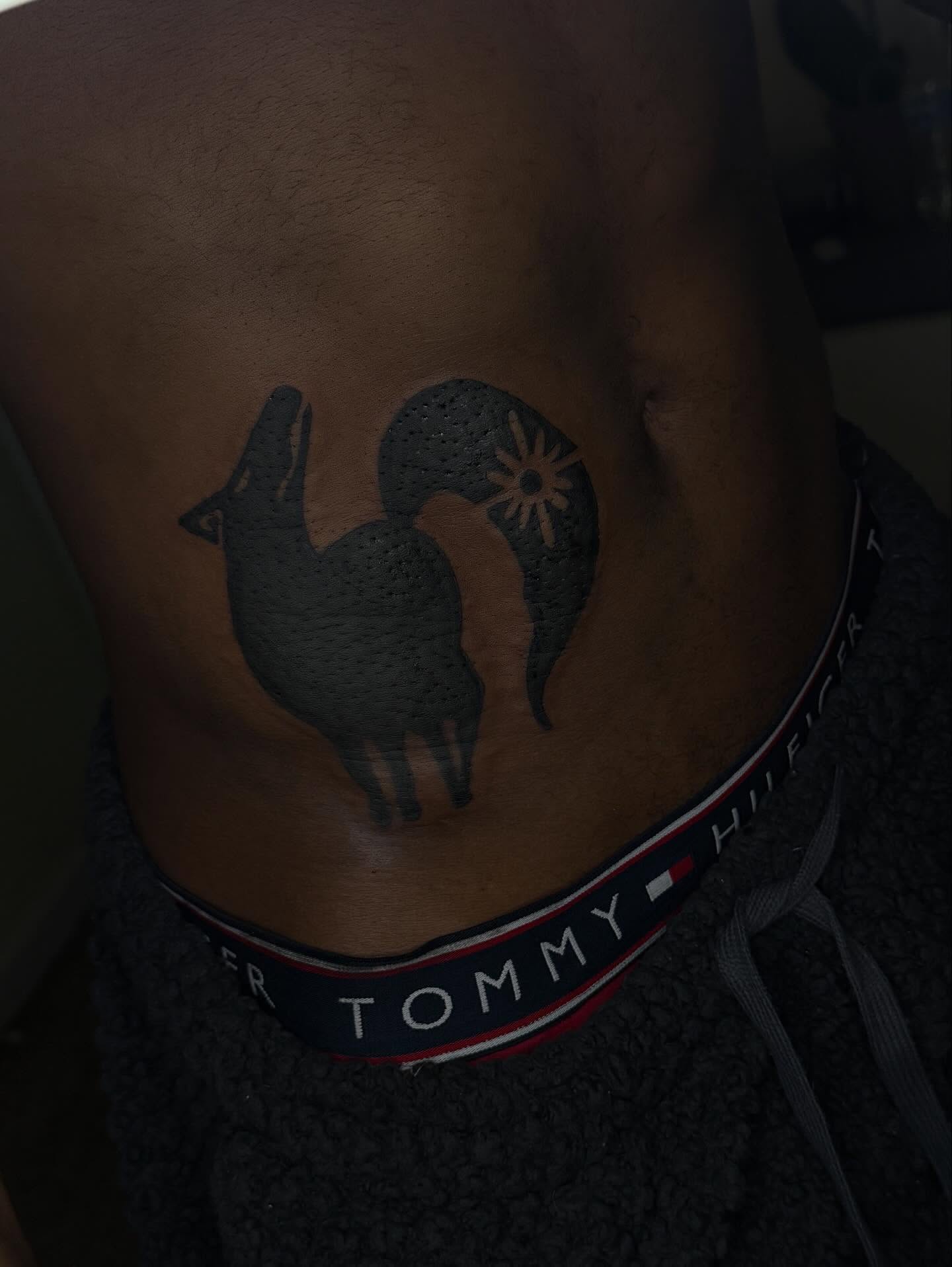Goat and sun black and grey tattoo on the torso by Destini