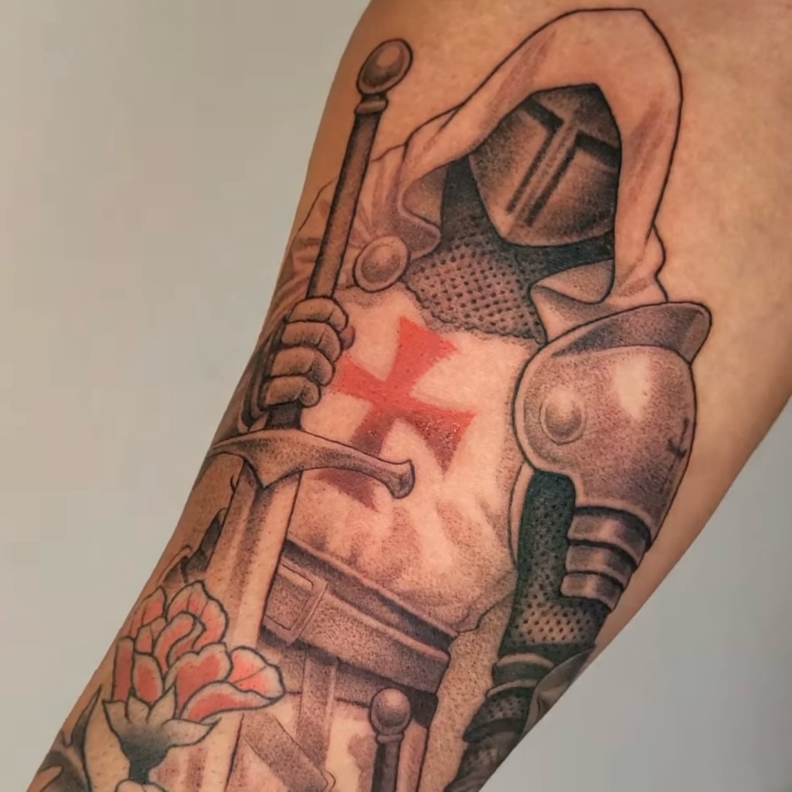 Knight armor and sword realism tattoo on the forearm by Brenda Juarez - Tattoo Artist