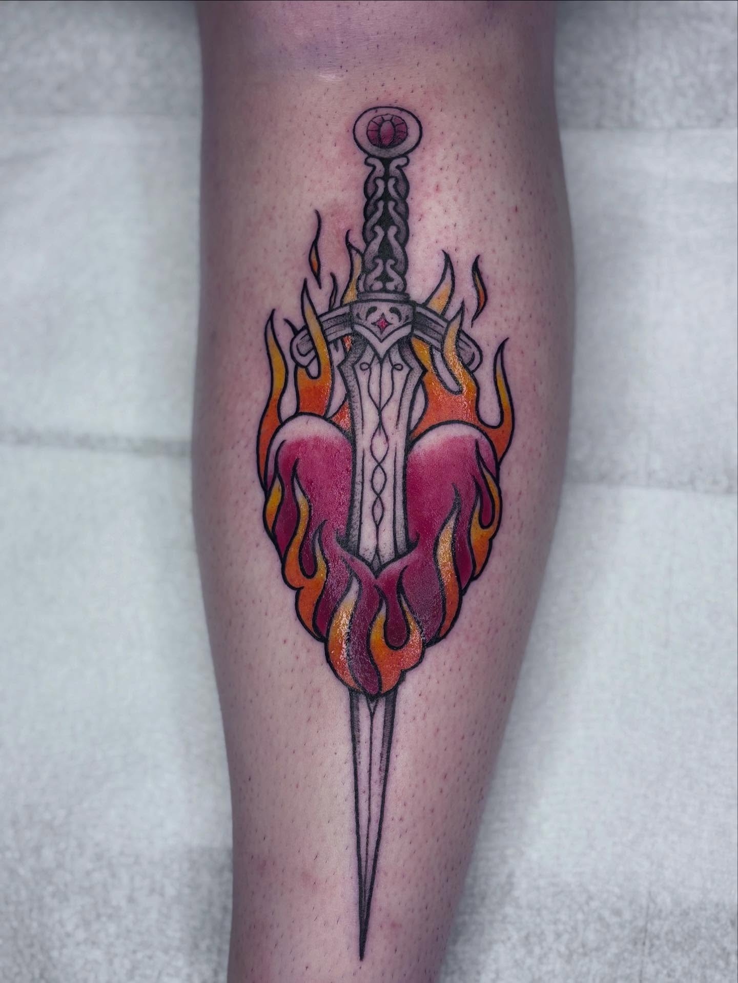 Flame and sword neo-traditional tattoo on the leg by π»πΈπ½π½, Ypsilanti, Michigan