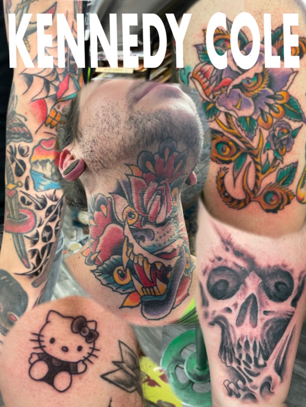 Skull and roses American traditional tattoo on the chest by Kennedy Cole