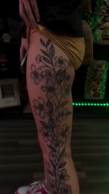Floral thigh tattoo fine line tattoo on the leg by Mi♥️Amor♥️Ink