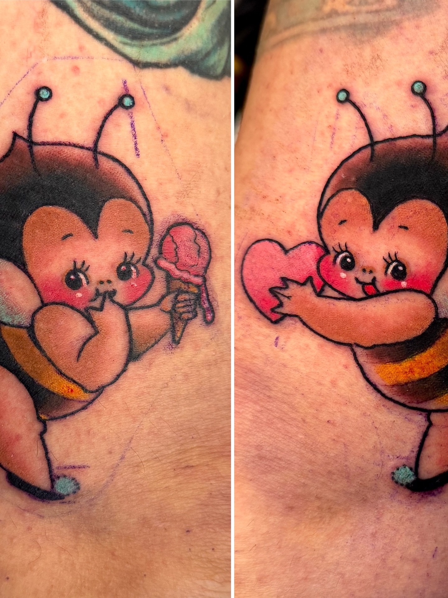Bee holding heart new school tattoo on the upper arm by Stacey Martin Smith