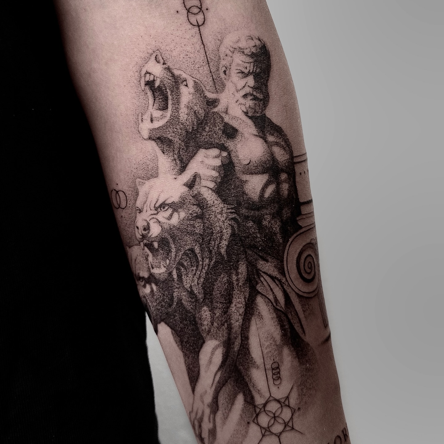 Hercules and lion dotwork tattoo on the forearm by sacramento tattoo CA