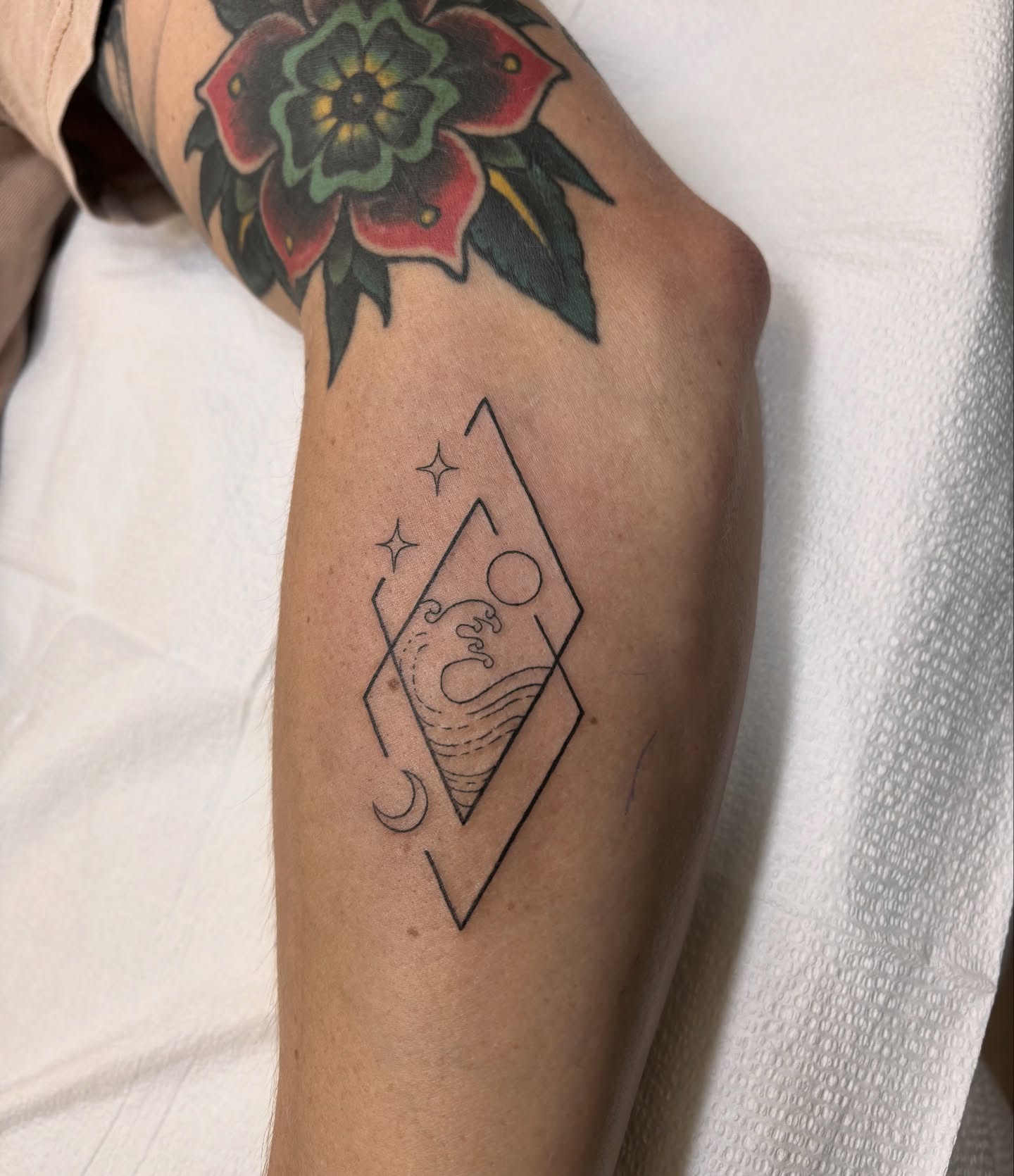 Geometric wave geometric tattoo on the forearm by Fineline tattoos by Kinsey