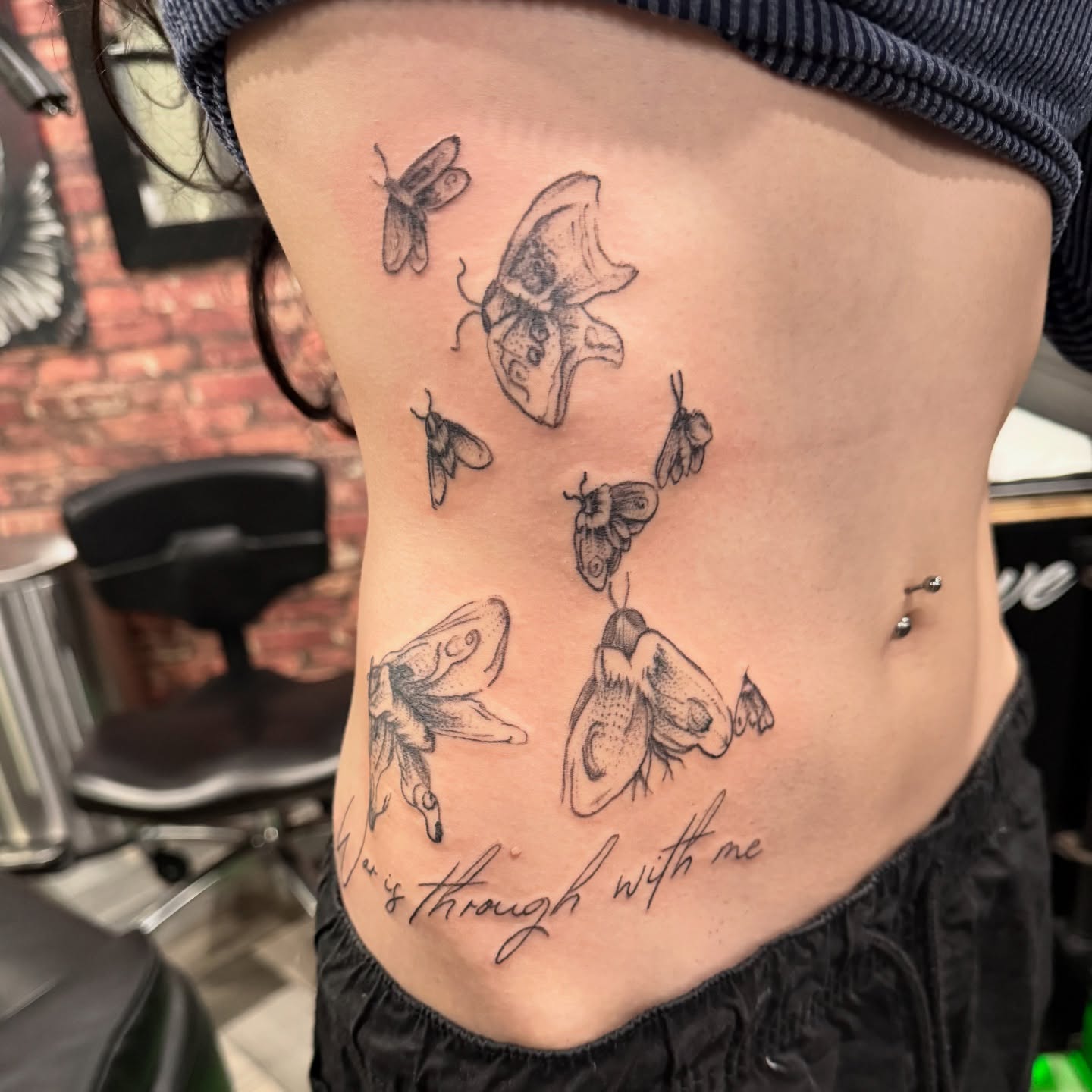 Butterflies black and grey tattoo on the ribs by Dave Potavin, Erlanger, Kentucky