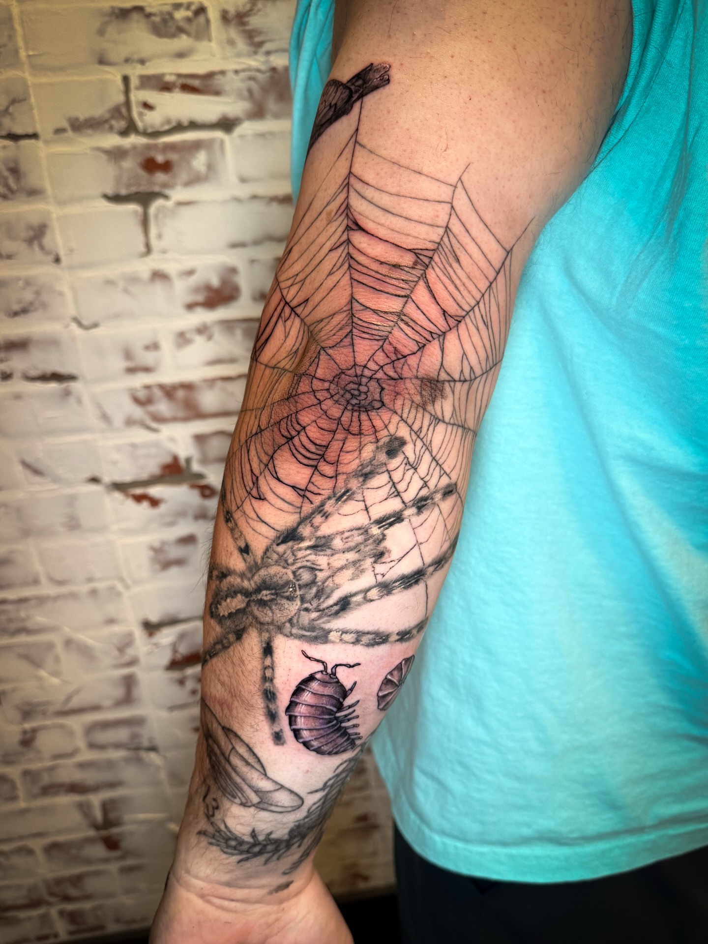 Spider web realism tattoo on the forearm by Brandt Norcross