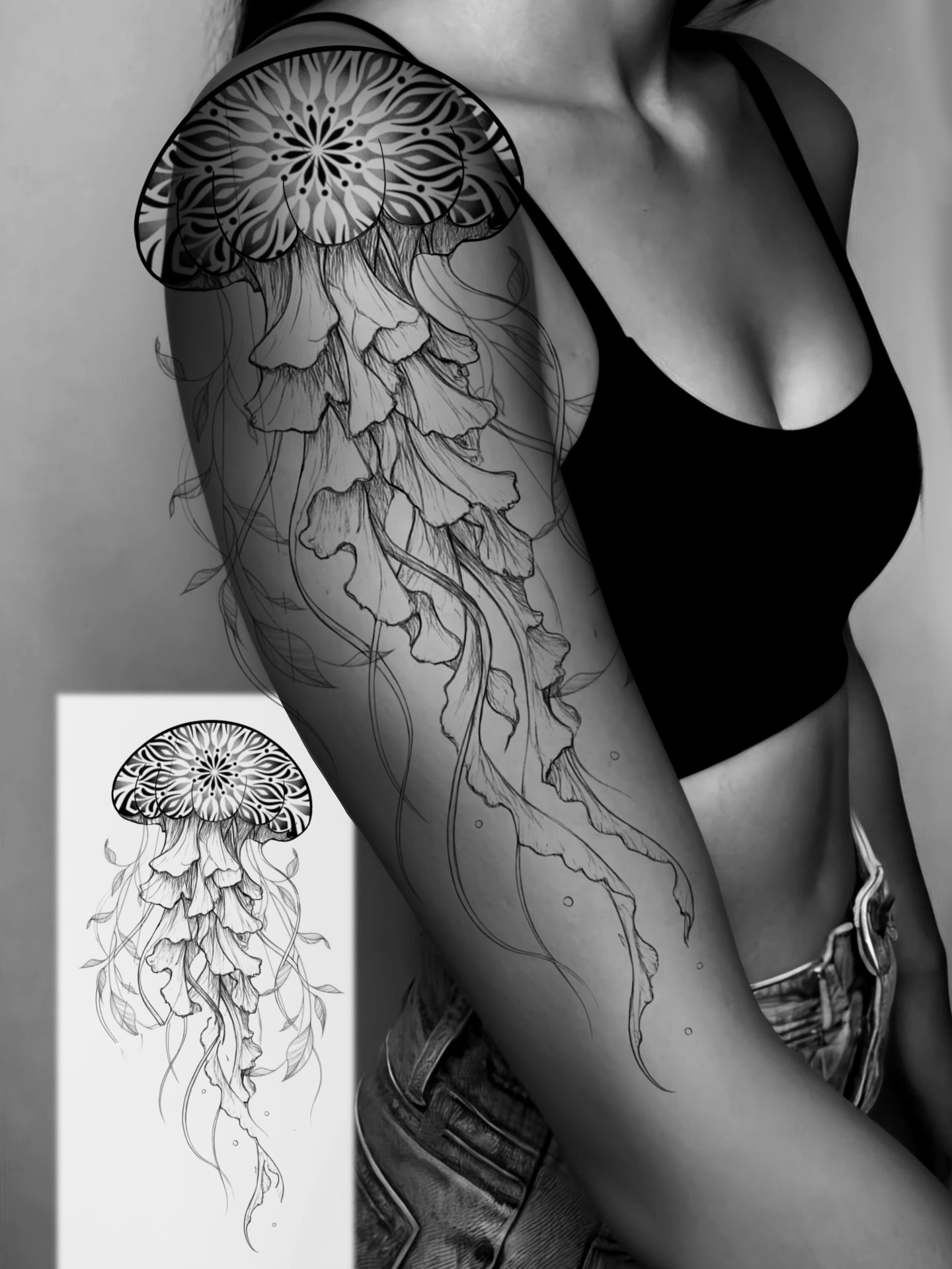 Jellyfish fine line tattoo on the upper arm by Rafael Alfredo Armas Hoyos, Salt Lake City, Utah