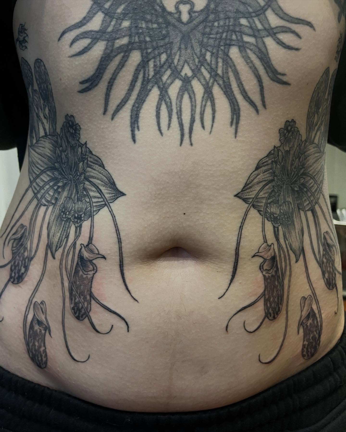 Pitcher plant black and grey tattoo on the torso by Vincent Espinoza, Eugene, Oregon