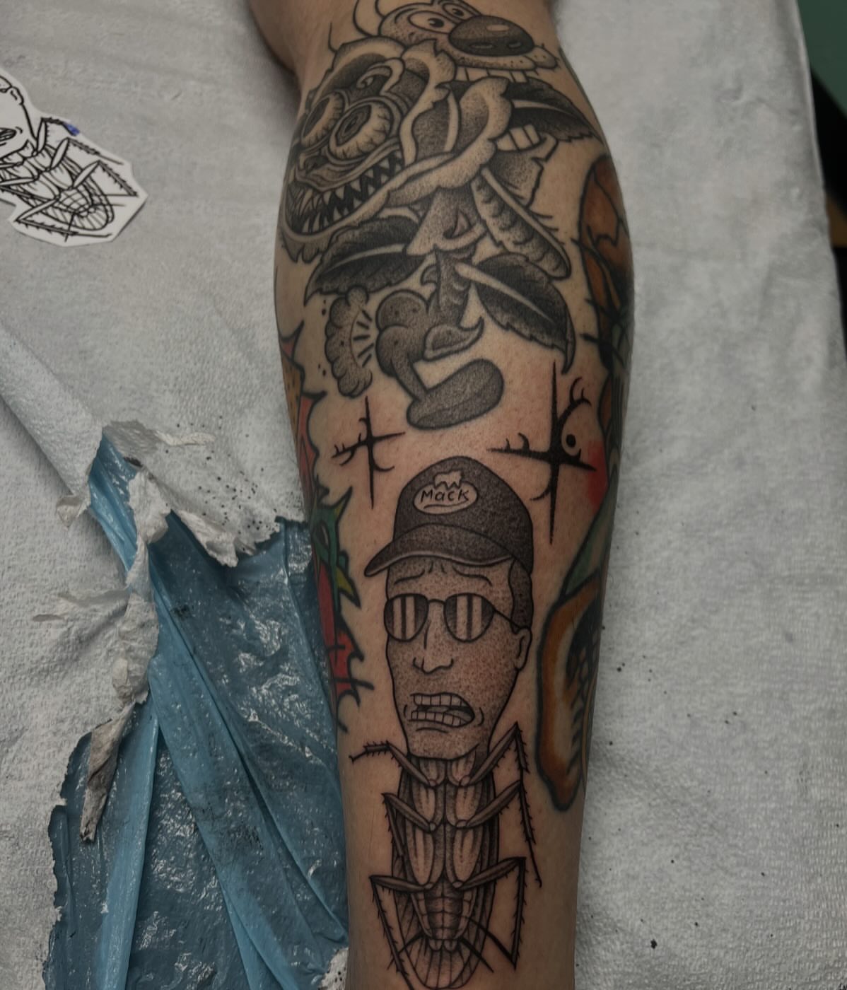 Man with sunglasses dotwork tattoo on the forearm by Austin Tattoo Artist