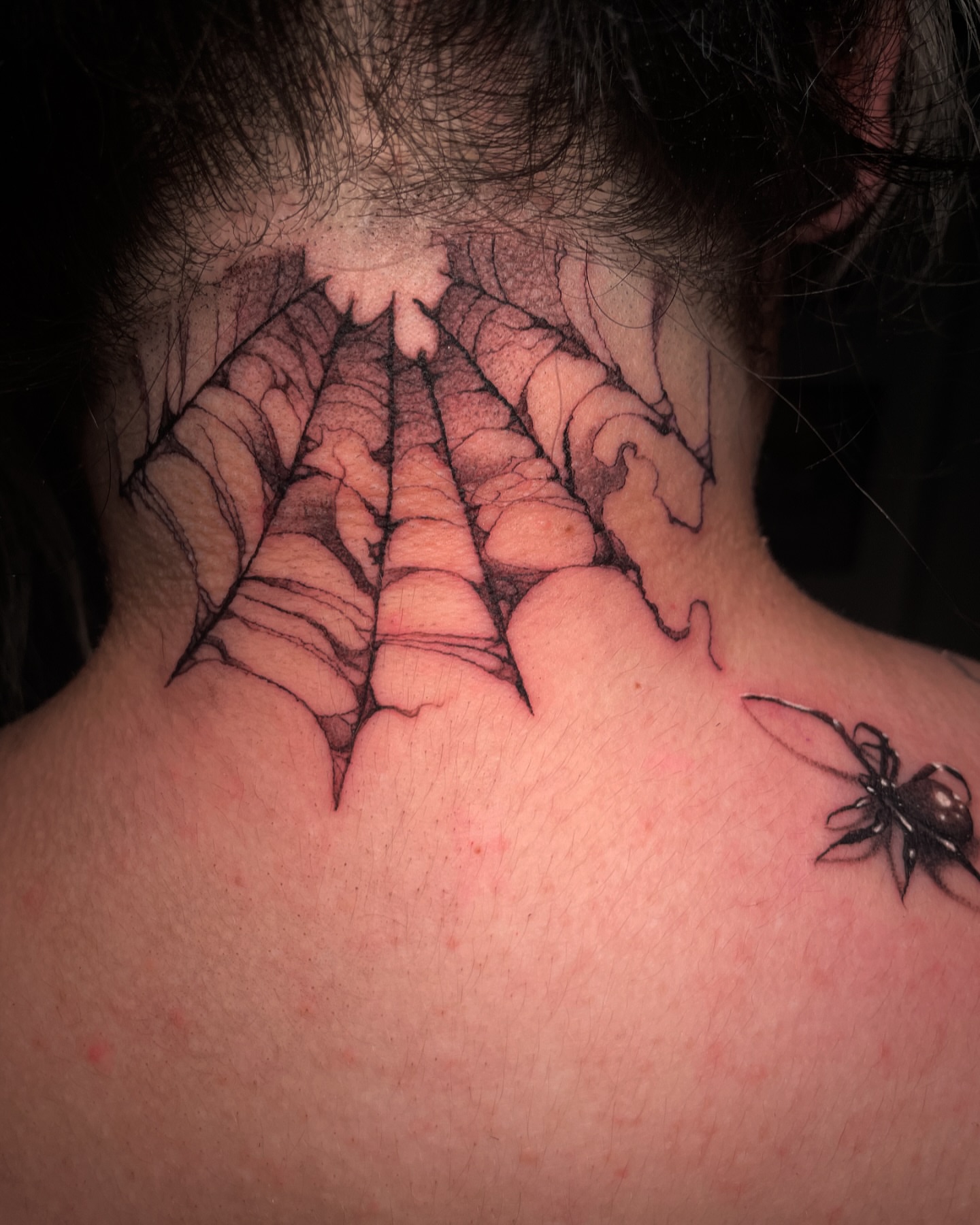 Spider web black and grey tattoo on the neck by Chato