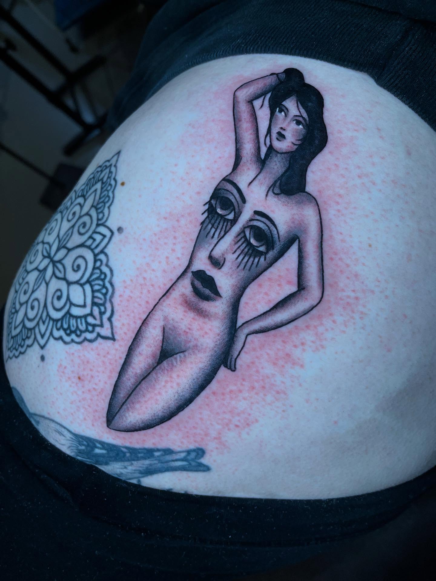 Naked woman black and grey tattoo on the torso by Marqui Watling