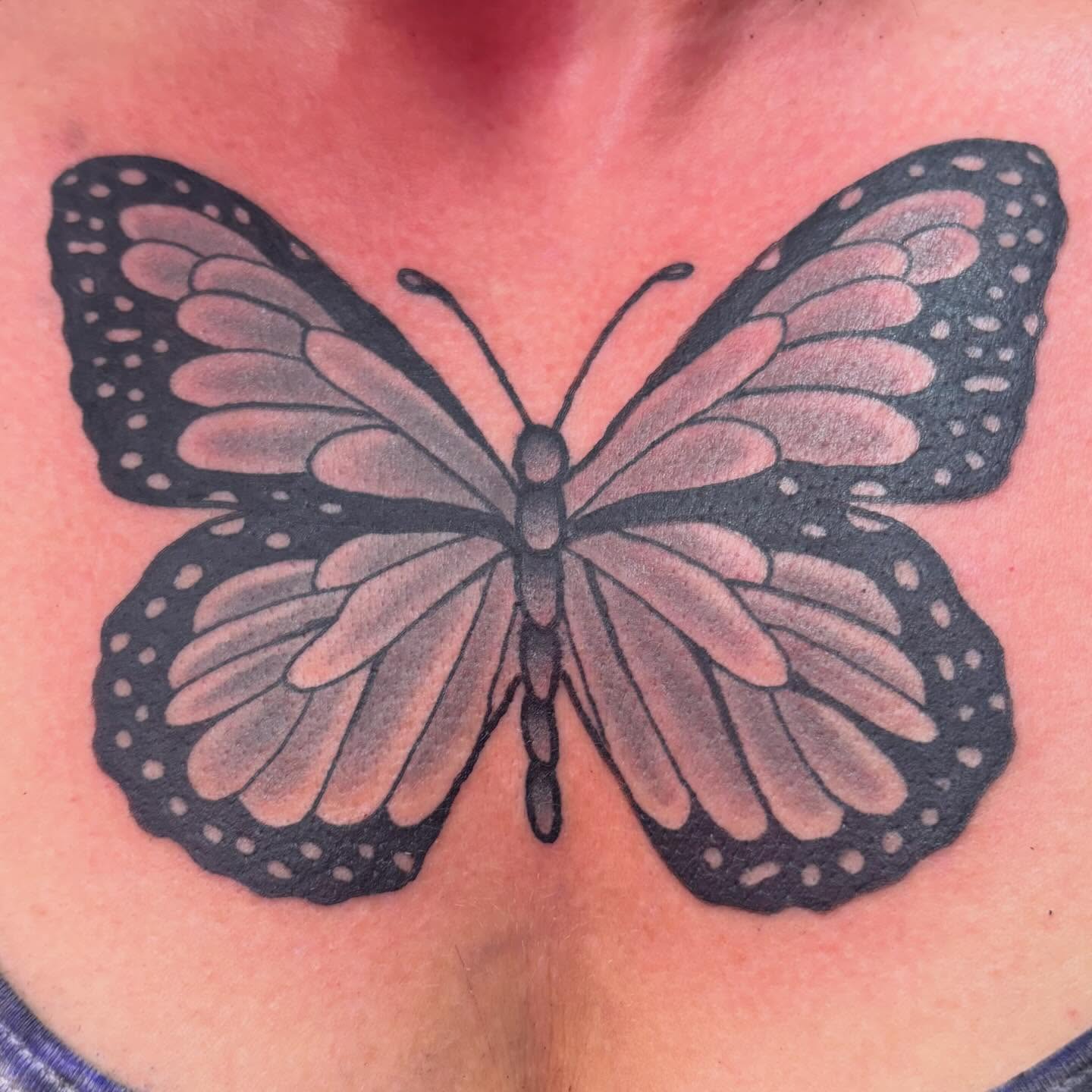 Butterfly dotwork tattoo on the chest by @dannydoestattoos
