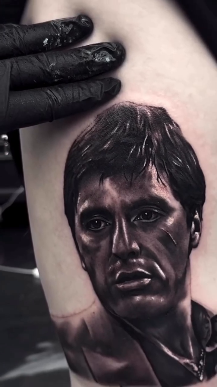 Tony Montana portrait realism tattoo by Michael Sosa