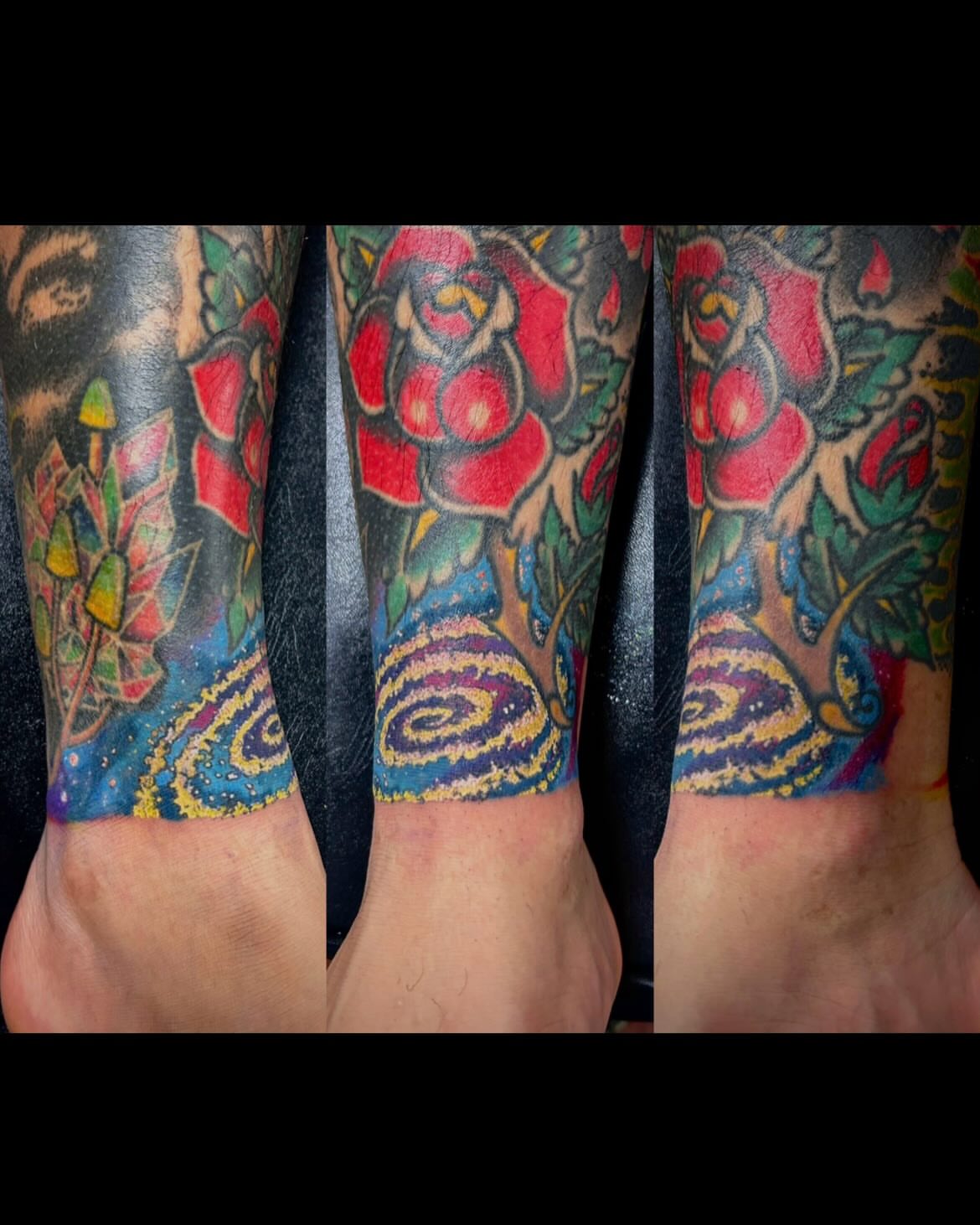 Rose and mushrooms American traditional tattoo on the calf by Jon Byrd