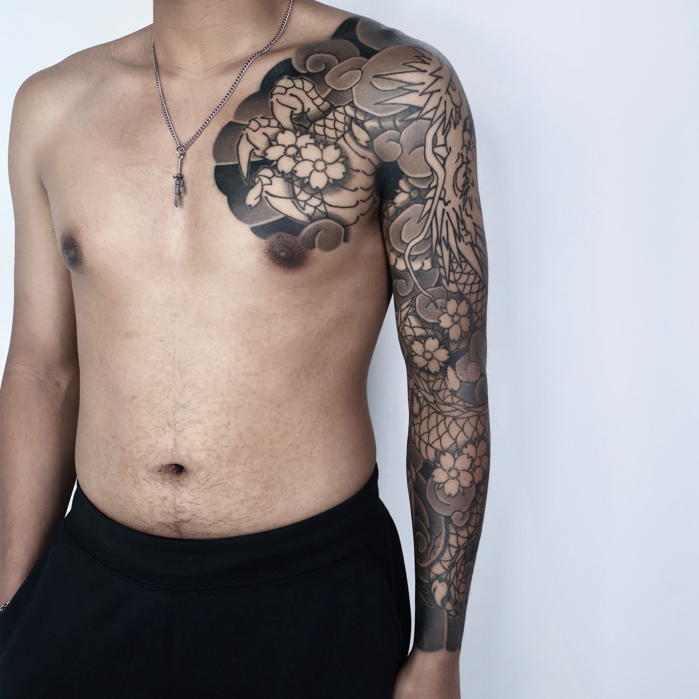 Floral and dragon japanese irezumi tattoo on the shoulder by JM kim, Melbourne, Victoria