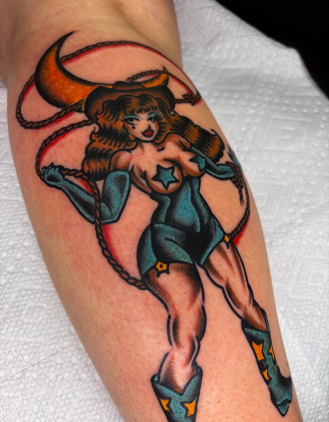 Cowgirl with moon and lasso neo-traditional tattoo on the forearm by ✨ Gabi ✨