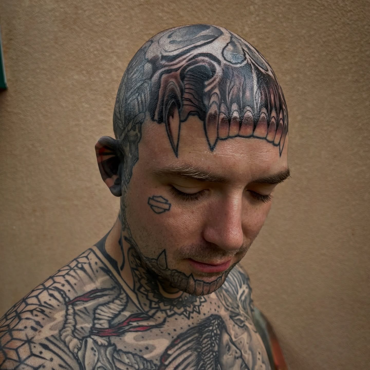 Skull dark realism tattoo on the head by Ryan K Severe