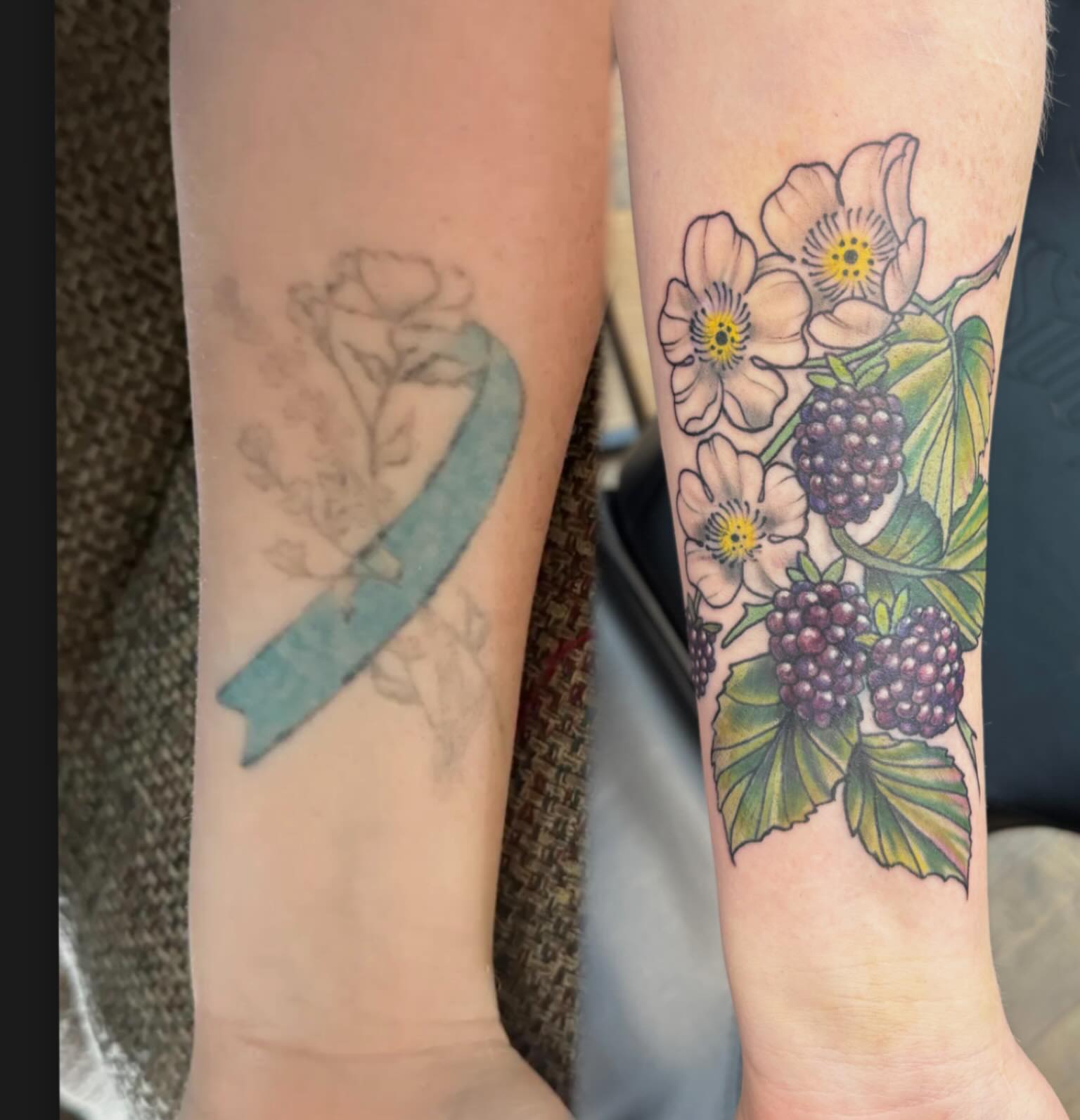 Blackberry bush realism tattoo on the forearm by Robbie Reel, Wichita, Kansas