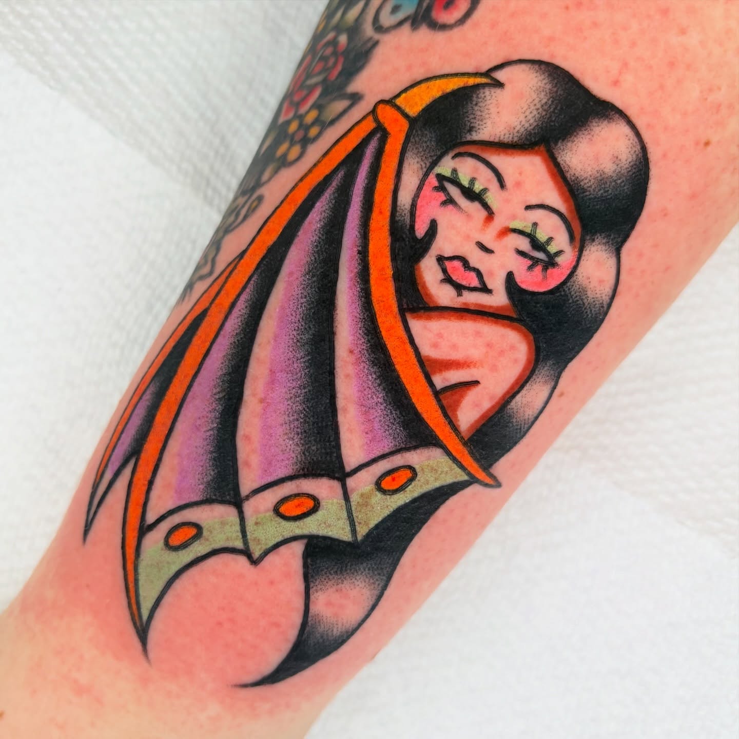 Woman with veil American traditional tattoo on the forearm by rachael