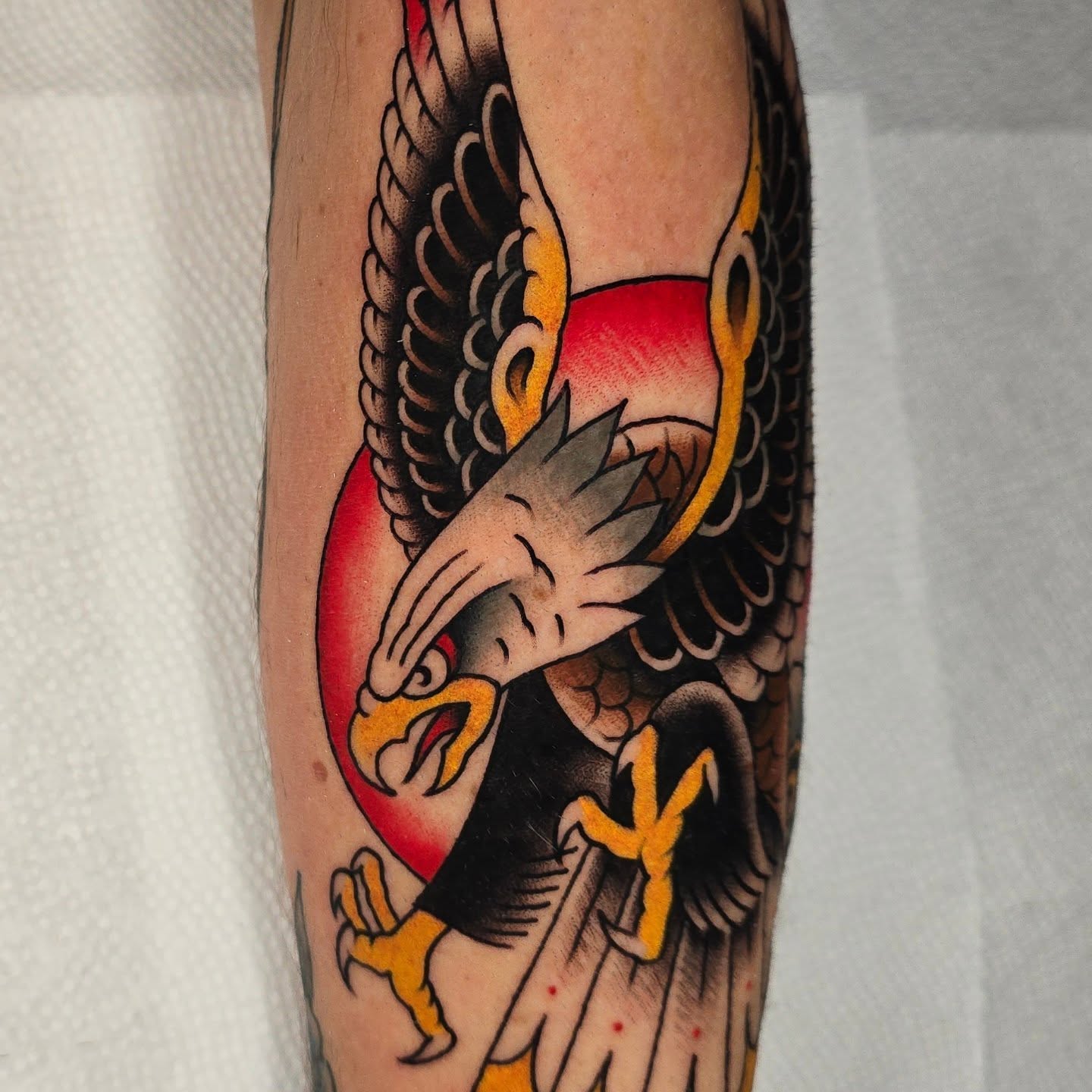 Eagle American traditional tattoo on the forearm by Justin Eldridge