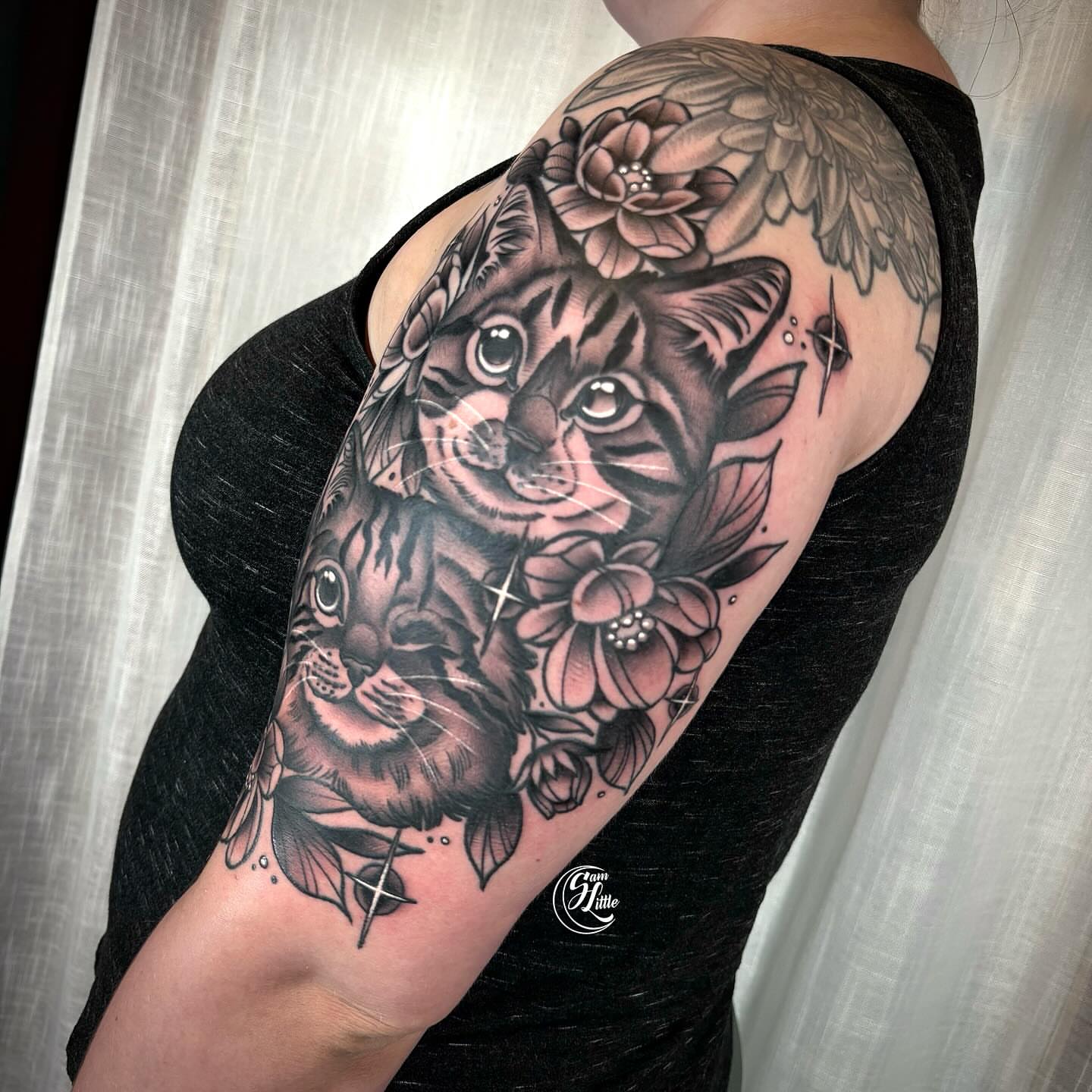Tiger and flowers American traditional tattoo on the forearm by 𝓢𝓪𝓶 𝓛𝓲𝓽𝓽𝓵𝓮