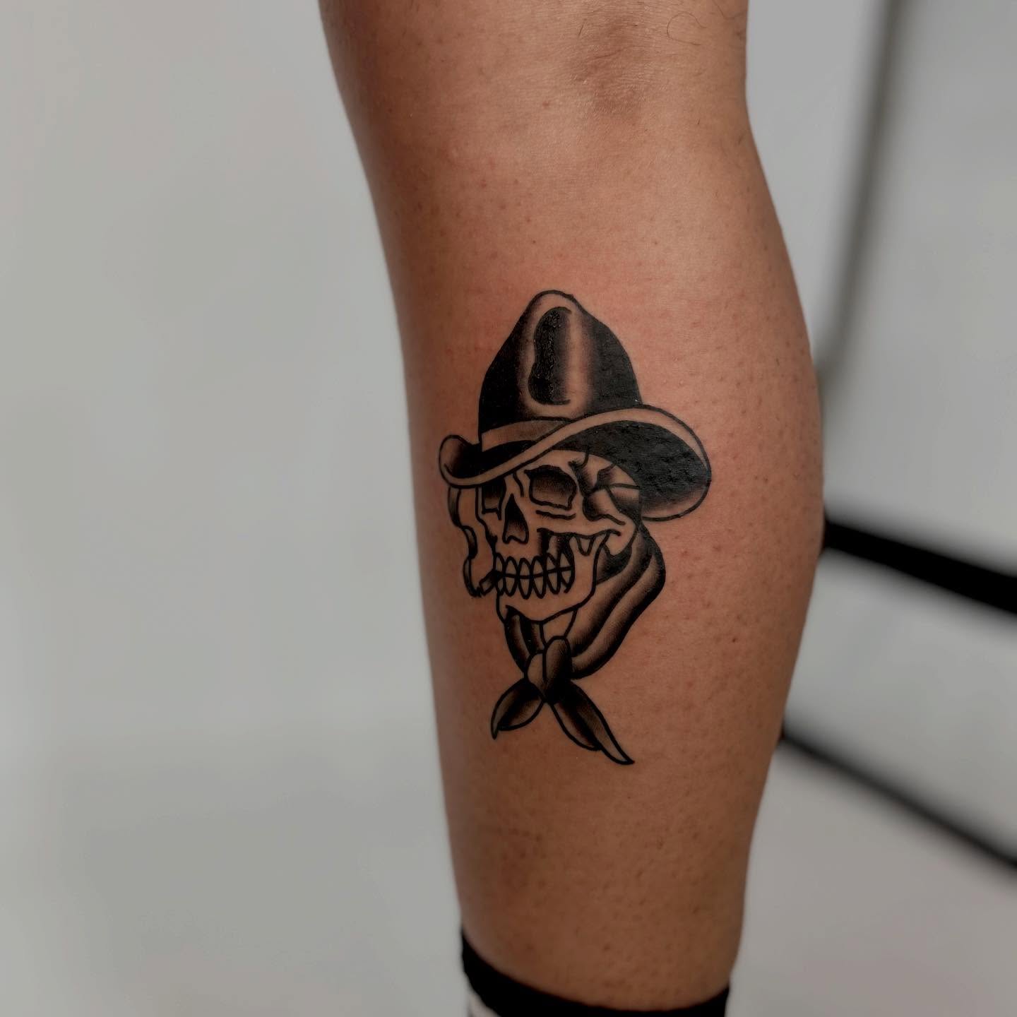 Cowboy skull black and grey tattoo on the forearm by Lip™