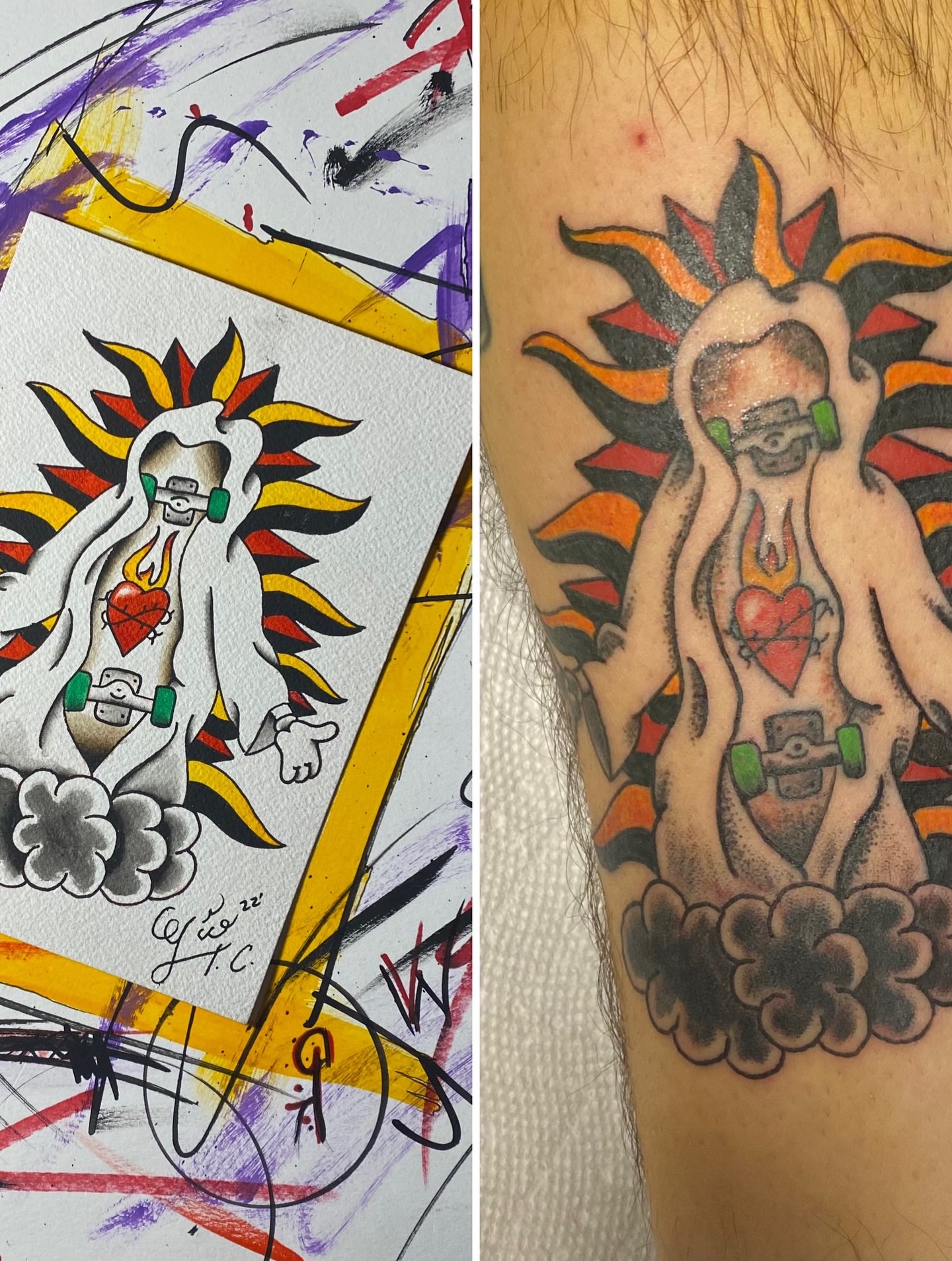 Skateboarding ghost American traditional tattoo on the forearm by Giuseppe T.C.