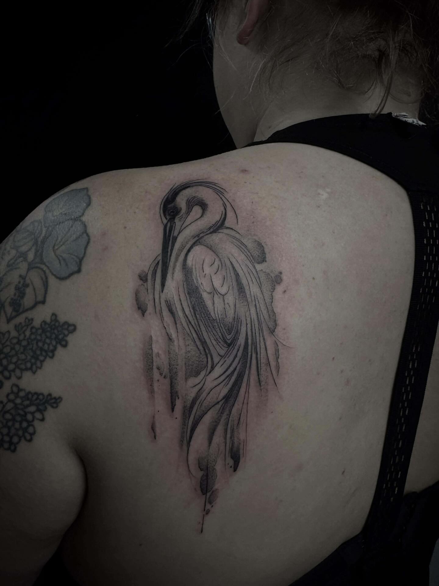 Heron black and grey tattoo on the back by Bethbeforedishonor, Rochester, New York