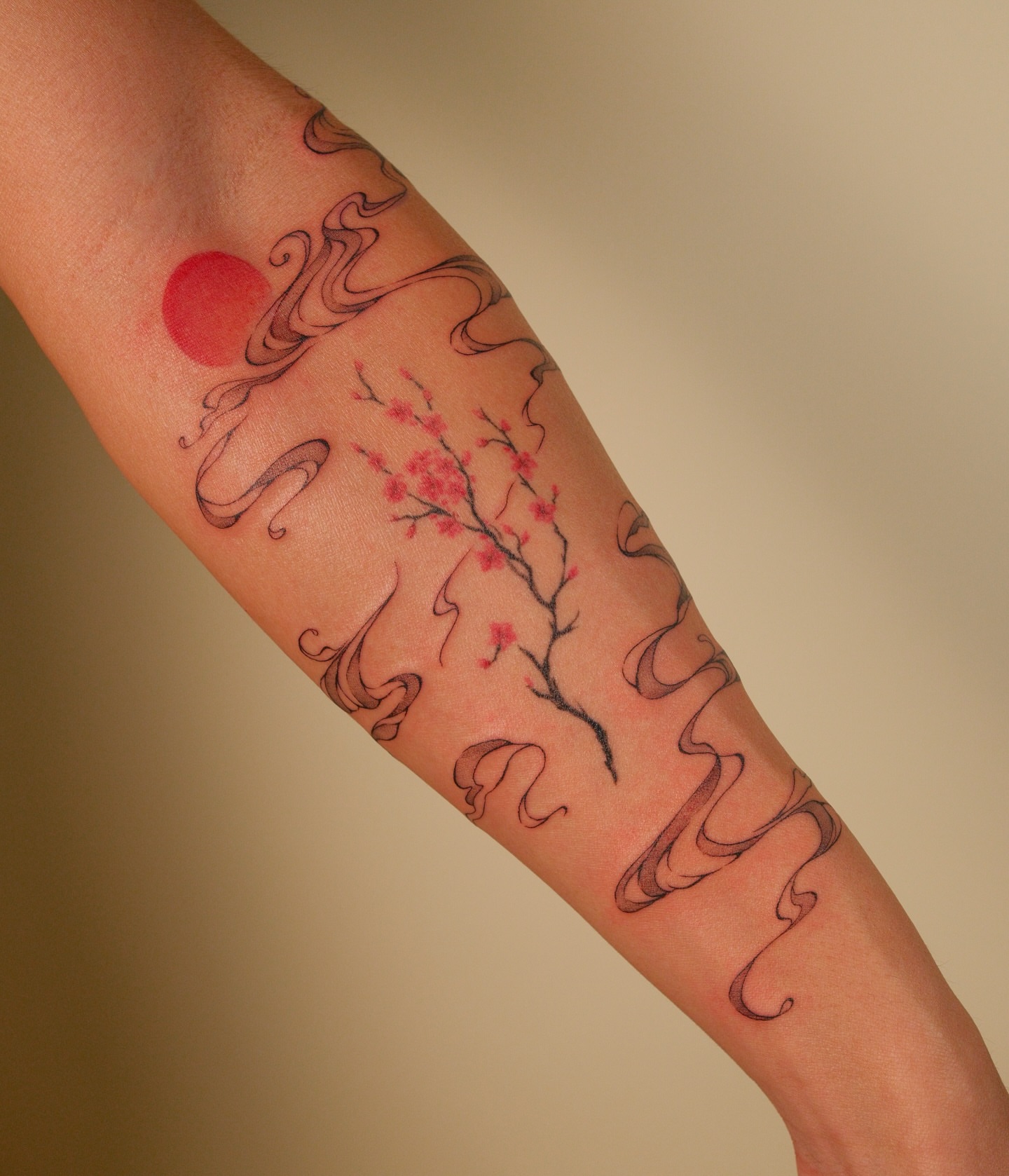 Cherry blossoms and sun japanese irezumi tattoo on the forearm by ââŪ. Ý ðķðð―ððð âðĶđËâ seattle tattoo artist, Seattle, Washington