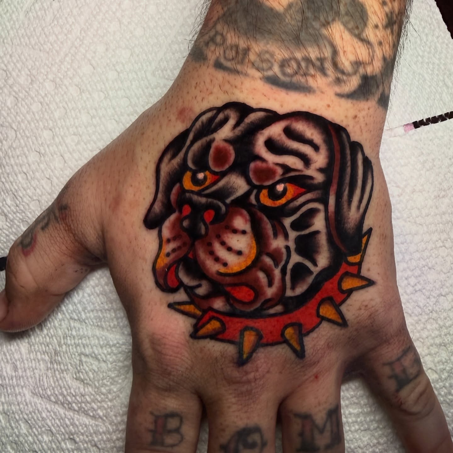 Roaring dog American traditional tattoo on the hand by Stevie Lowenstein, Cincinnati, Ohio
