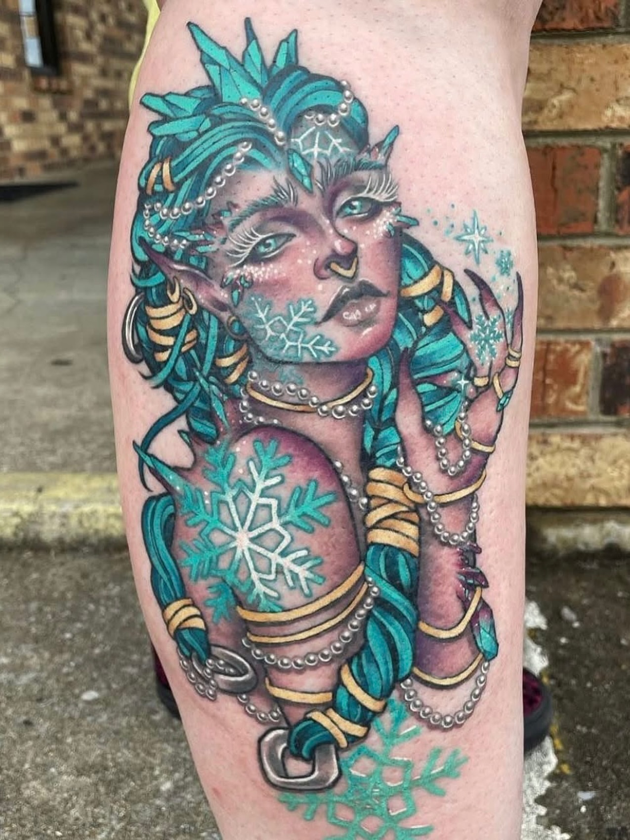 Elf-like figure neo-traditional tattoo on the thigh by Sam Castro