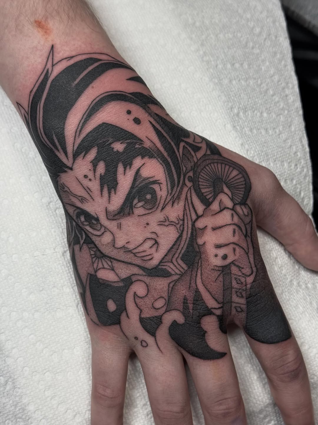 Tattoo by @rxr.dreadzilla — anime, black_and_grey