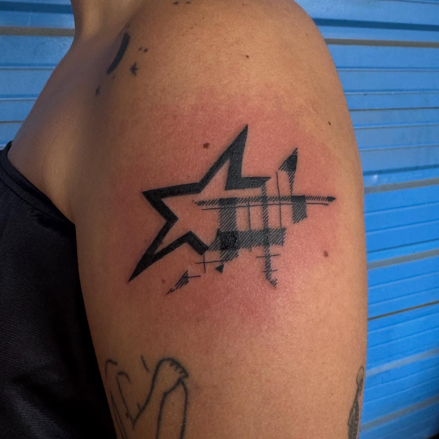 Star and abstract shapes geometric tattoo on the shoulder by Blue Byrdie