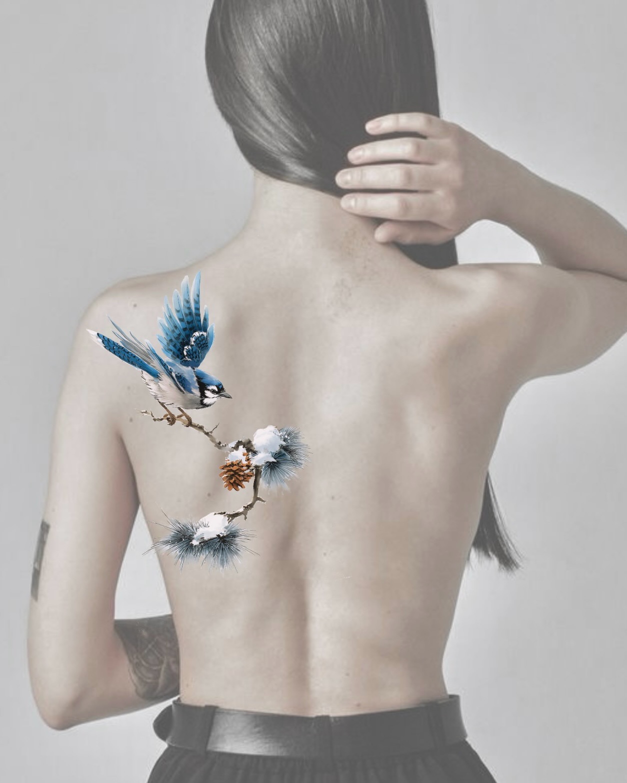 Bird and branch realism tattoo on the back by Sylvia｜思岐, Vancouver, British Columbia