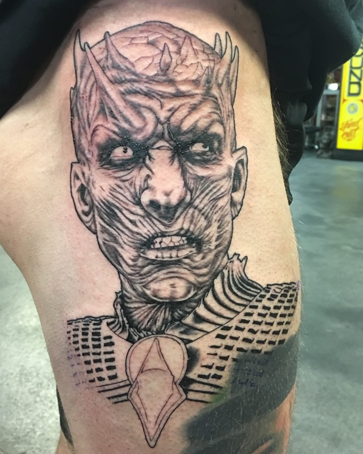 Night King dark realism tattoo on the thigh by Levi Cox, Powell, Ohio