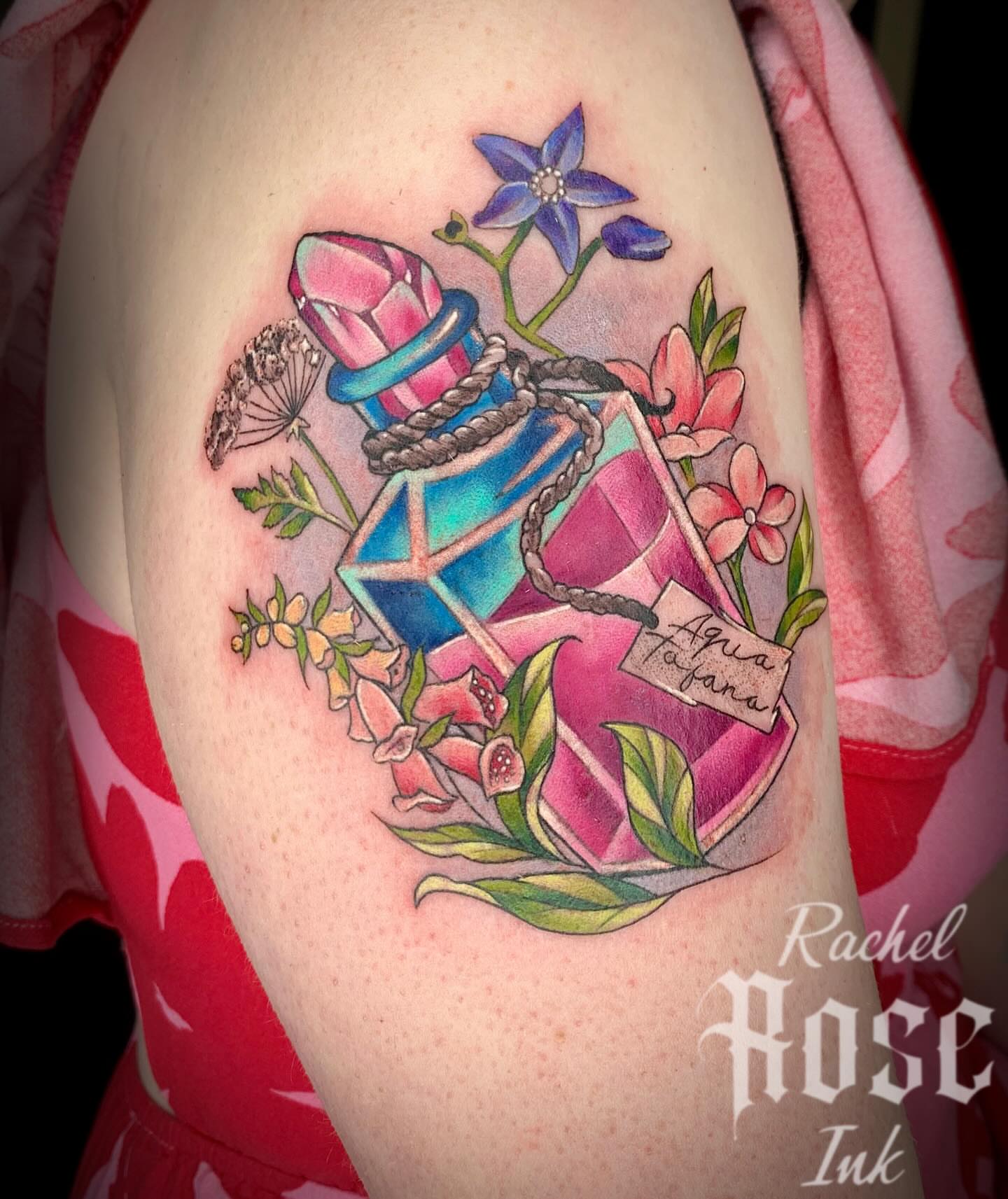 Perfume bottle with flowers geometric tattoo on the thigh by 𝑅𝒶𝒸𝒽𝑒𝓁 𝑅𝑜𝓈𝑒 🌹