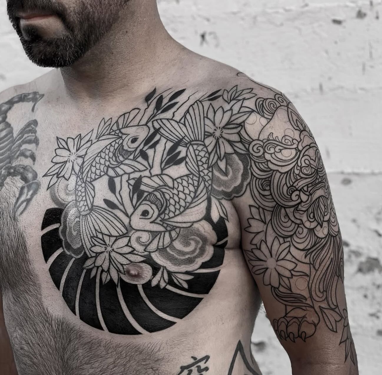 Koi fish and floral japanese irezumi tattoo on the chest by M A R I B e T H▪️k L A A R