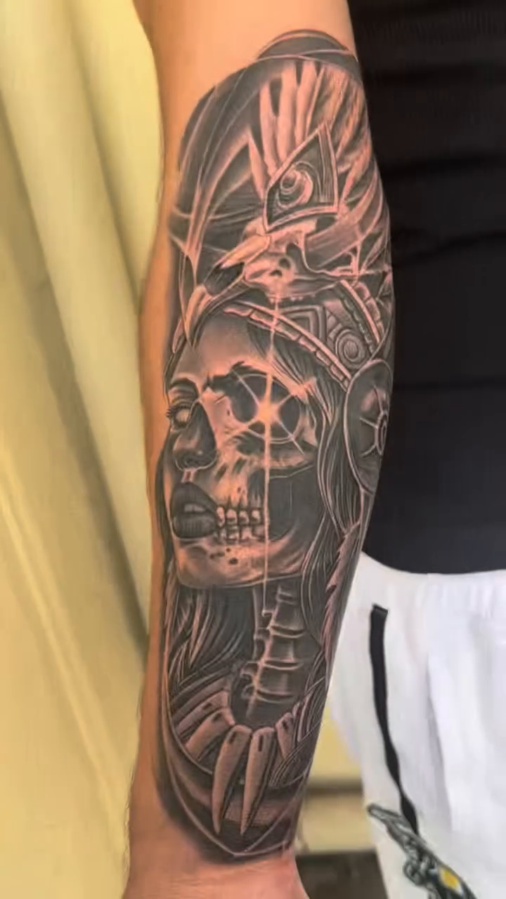 Skull warrior realism tattoo by Kyle Lopez, Union City, California